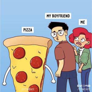 Namorado esquece namorada ao ver uma fatia de pizza de pepperoni passar